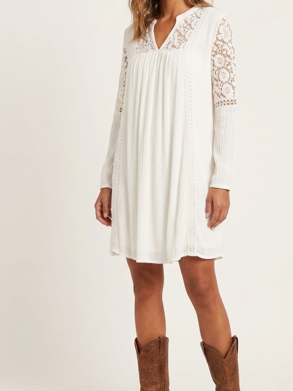 Beacan Cove White Beachy Summer Lace Yoke Long Sleeve Swing Dress Size Medium